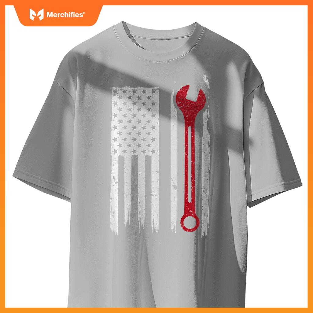 Mechanic Wrench Flag USA American Patriotic Repairman Car T-Shirt