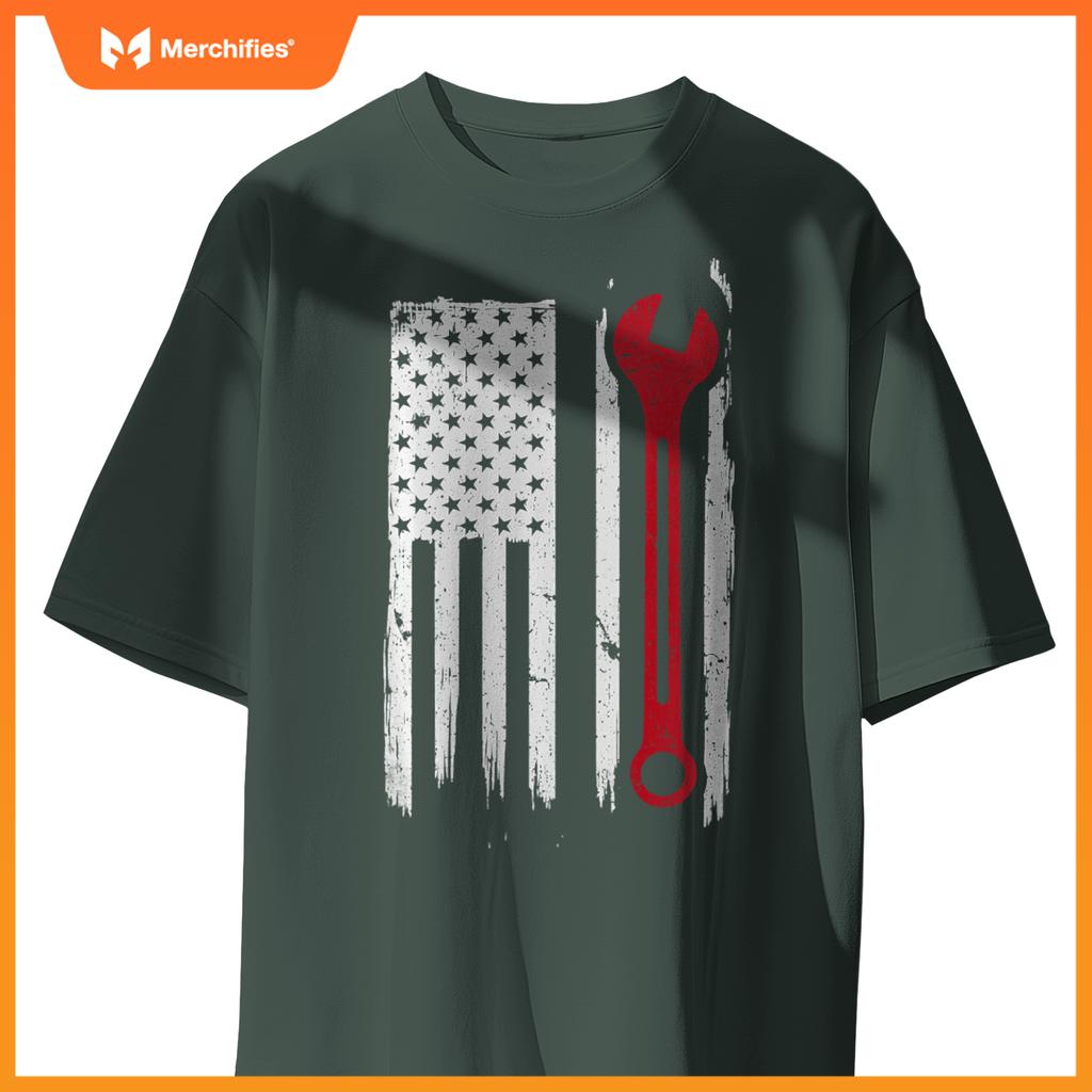 Mechanic Wrench Flag USA American Patriotic Repairman Car T-Shirt