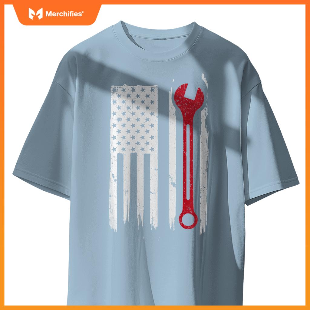 Mechanic Wrench Flag USA American Patriotic Repairman Car T-Shirt