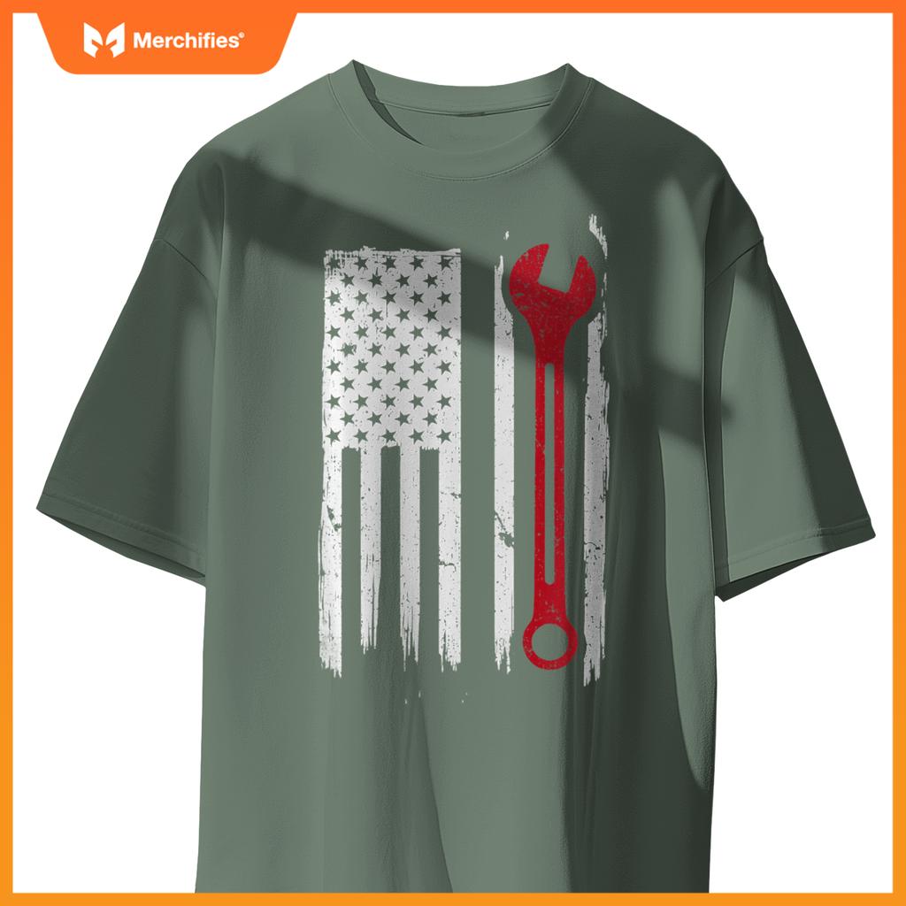 Mechanic Wrench Flag USA American Patriotic Repairman Car T-Shirt