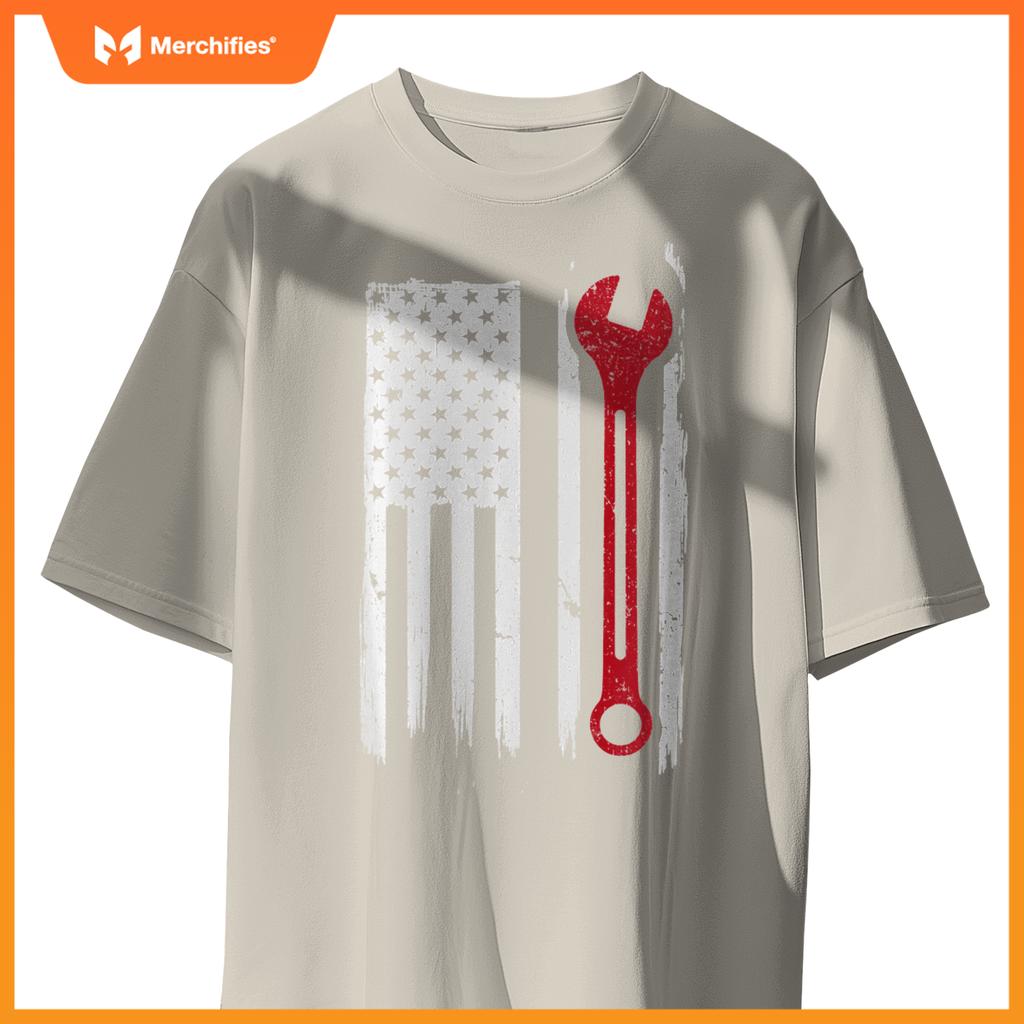 Mechanic Wrench Flag USA American Patriotic Repairman Car T-Shirt
