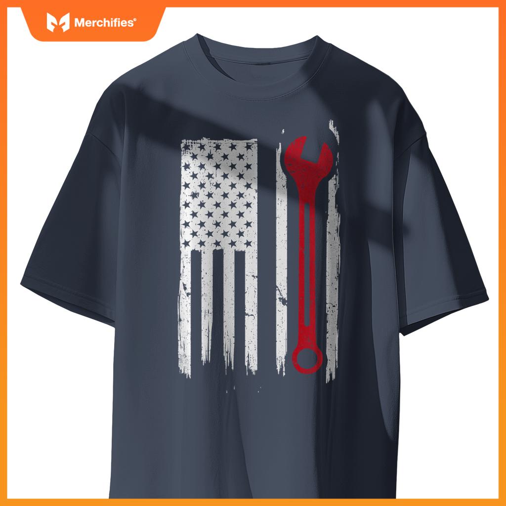 Mechanic Wrench Flag USA American Patriotic Repairman Car T-Shirt