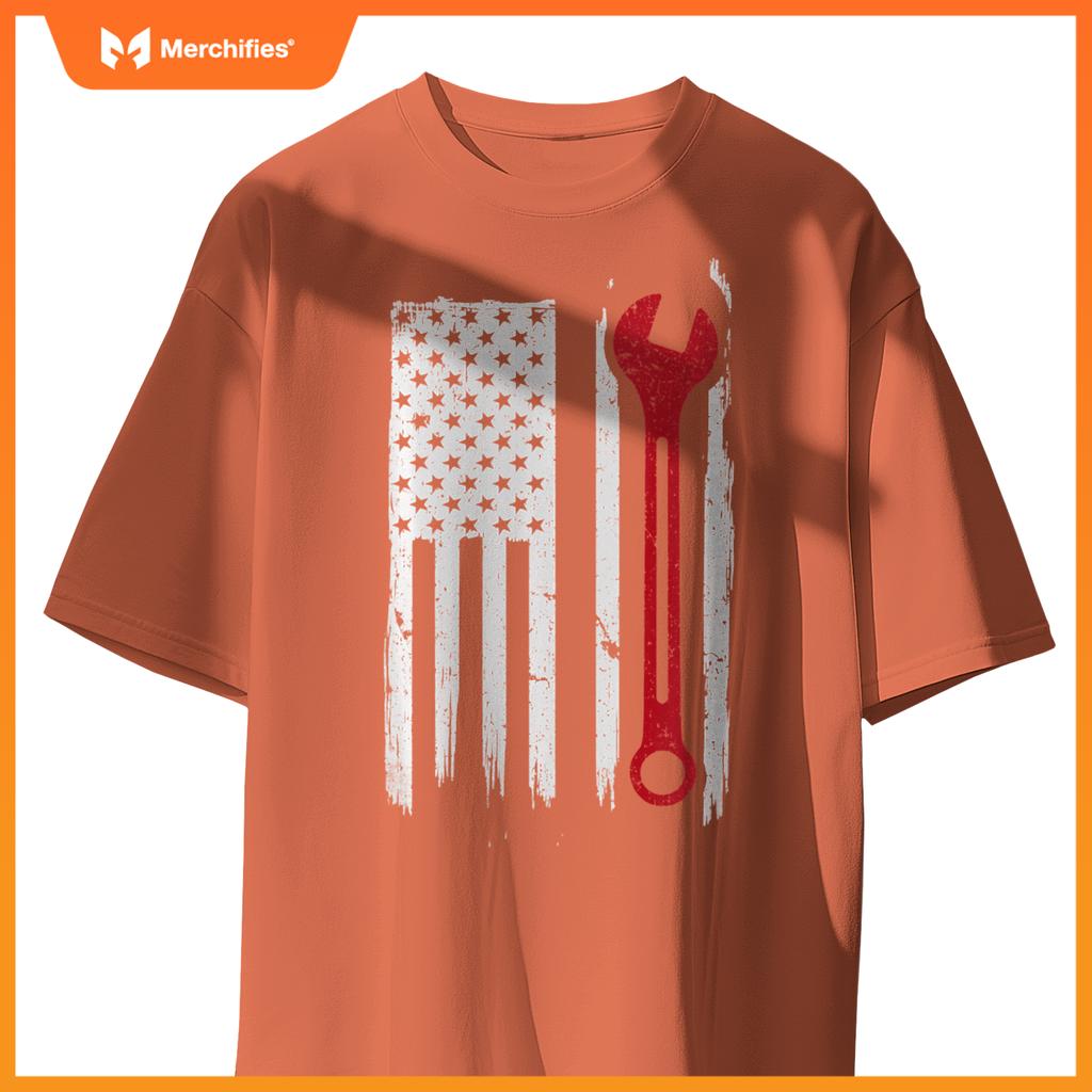 Mechanic Wrench Flag USA American Patriotic Repairman Car T-Shirt