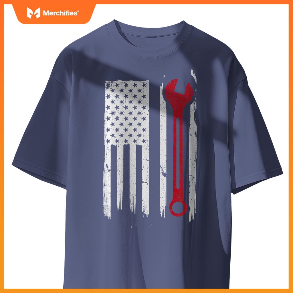 Mechanic Wrench Flag USA American Patriotic Repairman Car T-Shirt