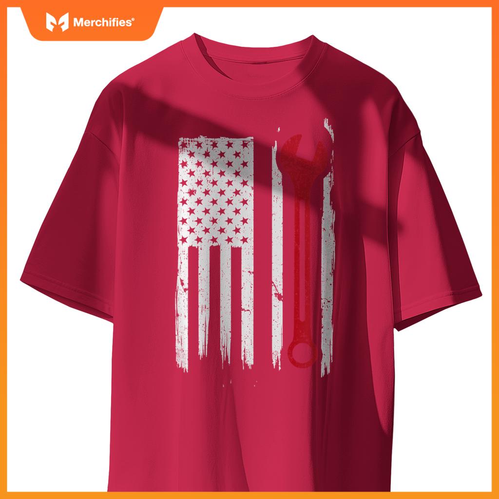 Mechanic Wrench Flag USA American Patriotic Repairman Car T-Shirt