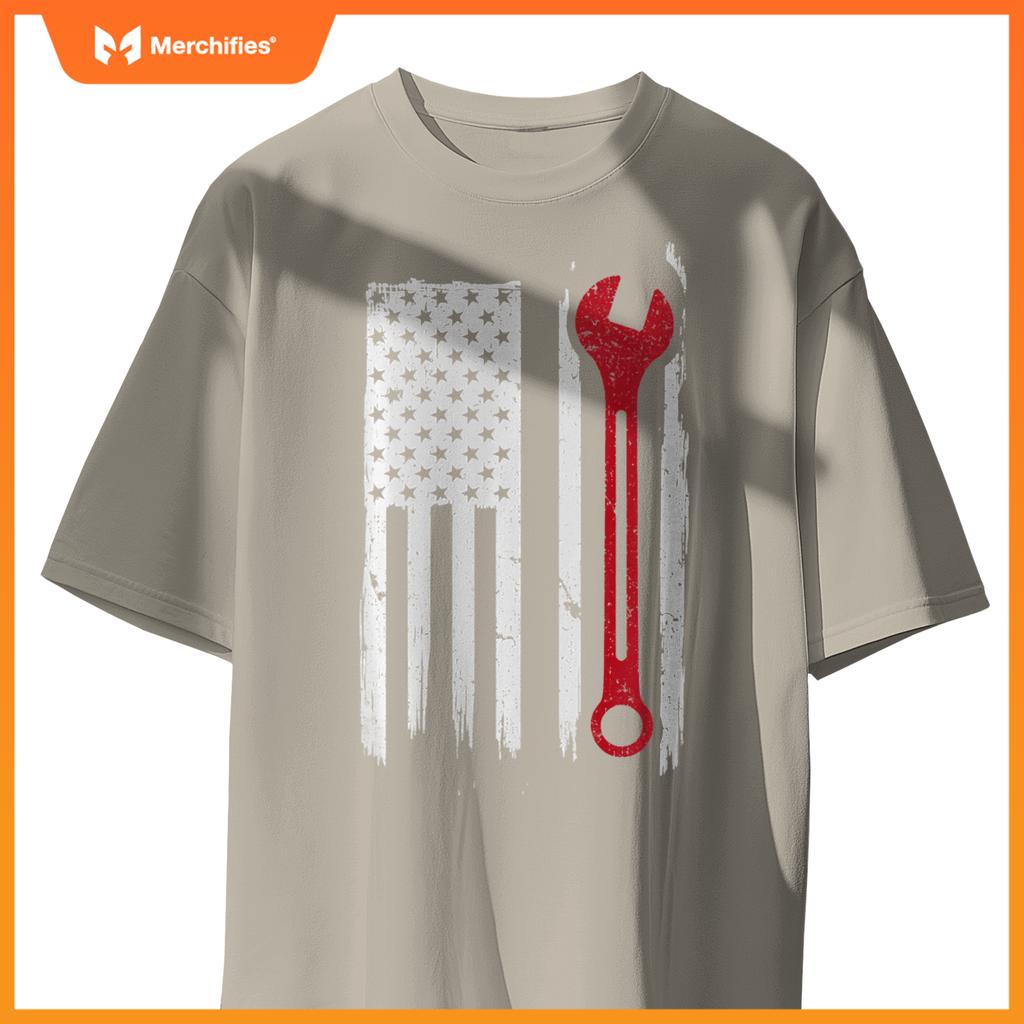 Mechanic Wrench Flag USA American Patriotic Repairman Car T-Shirt