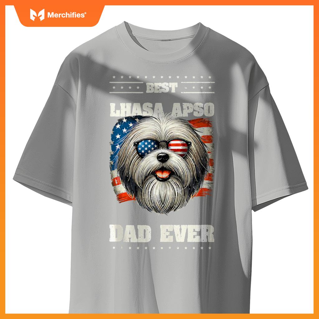 Mens American USA Flag Lhasa Apso 4th Of July Patriotic T-Shirt