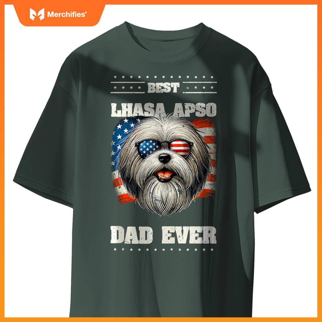 Mens American USA Flag Lhasa Apso 4th Of July Patriotic T-Shirt