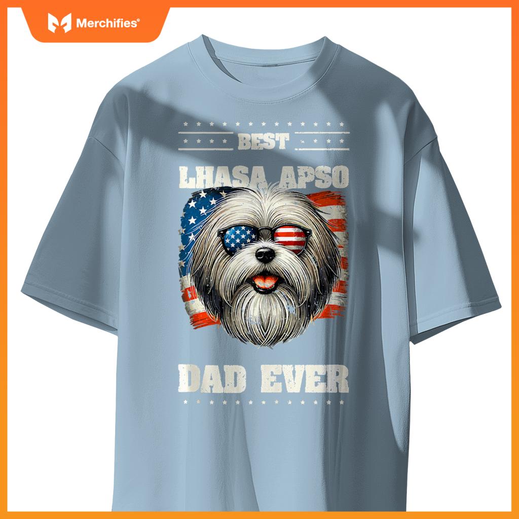 Mens American USA Flag Lhasa Apso 4th Of July Patriotic T-Shirt