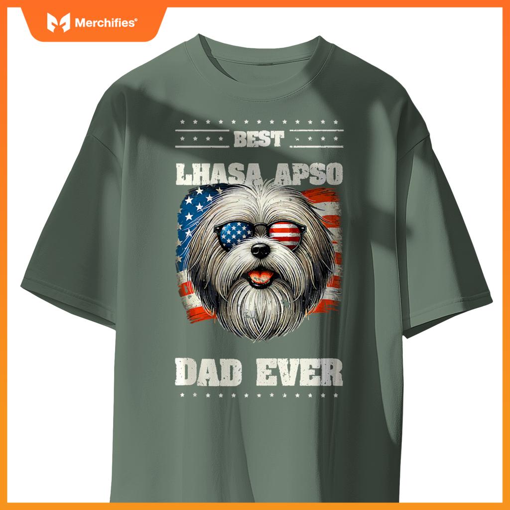 Mens American USA Flag Lhasa Apso 4th Of July Patriotic T-Shirt