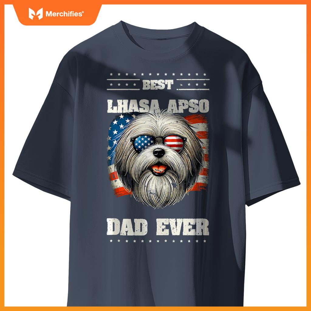 Mens American USA Flag Lhasa Apso 4th Of July Patriotic T-Shirt