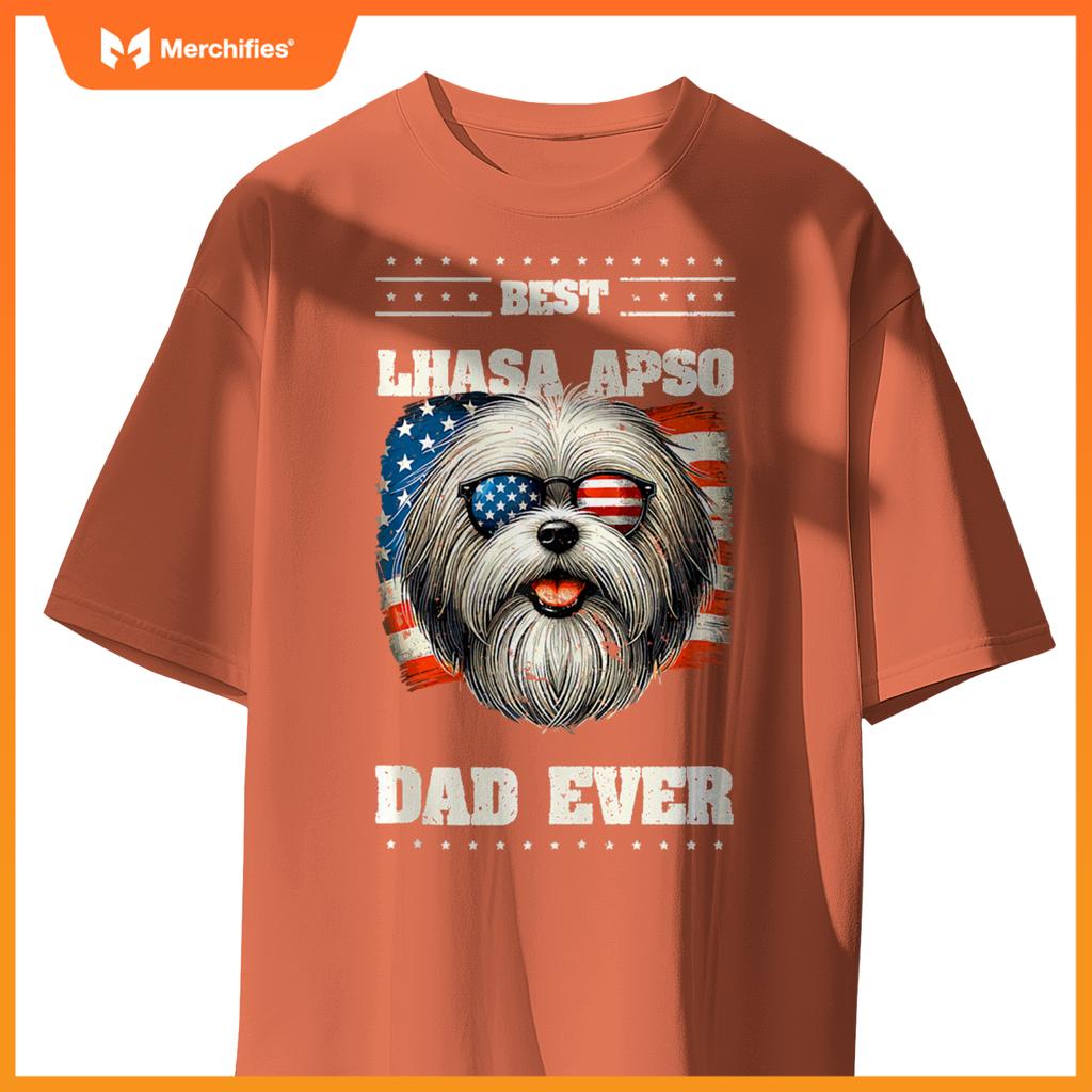 Mens American USA Flag Lhasa Apso 4th Of July Patriotic T-Shirt