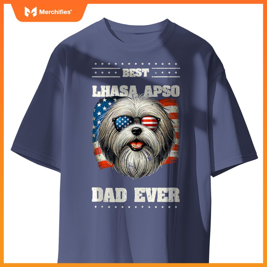 Mens American USA Flag Lhasa Apso 4th Of July Patriotic T-Shirt