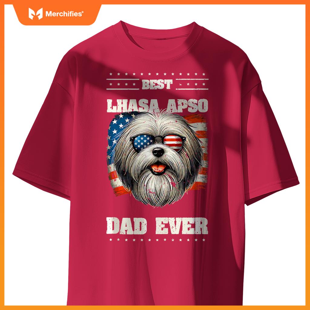 Mens American USA Flag Lhasa Apso 4th Of July Patriotic T-Shirt