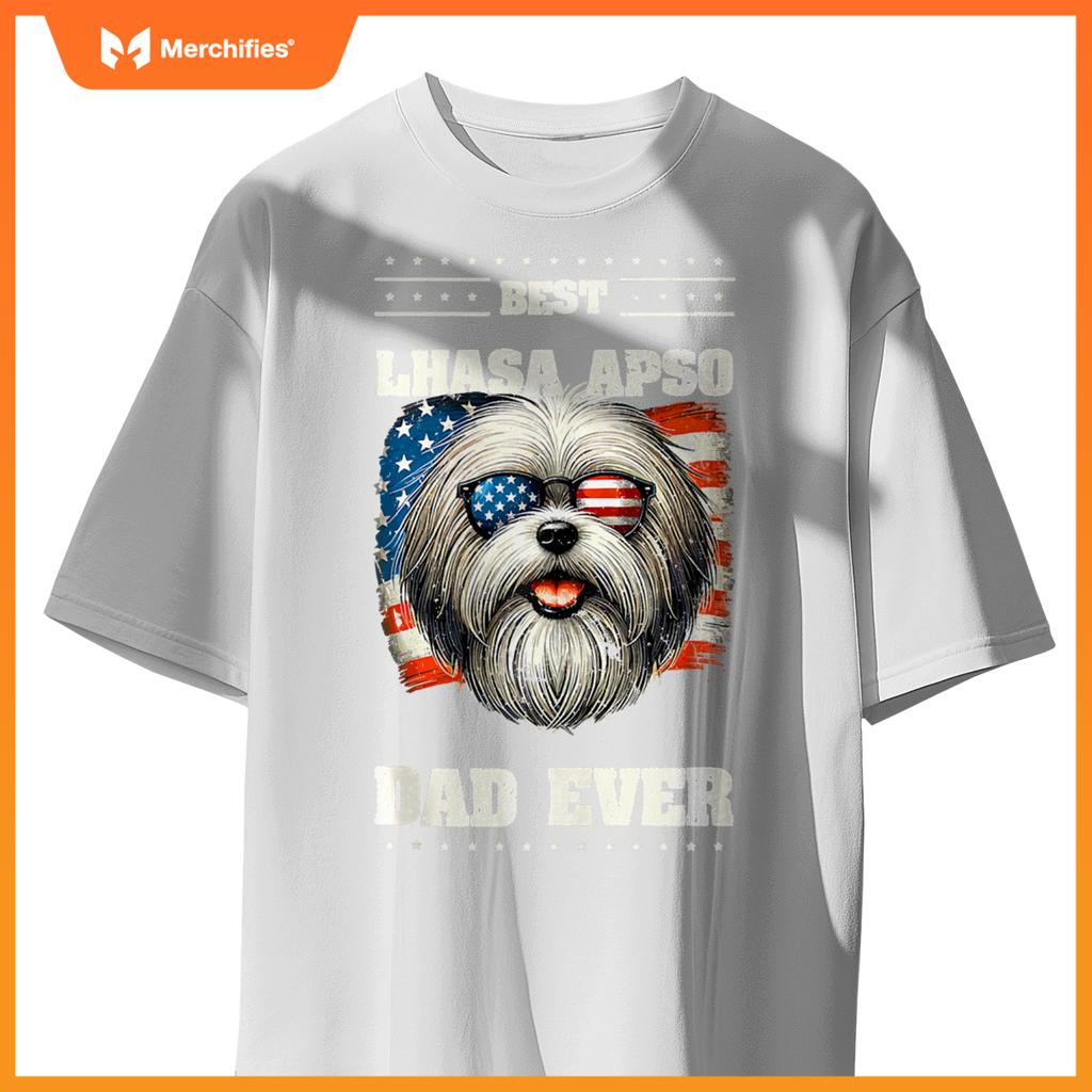 Mens American USA Flag Lhasa Apso 4th Of July Patriotic T-Shirt
