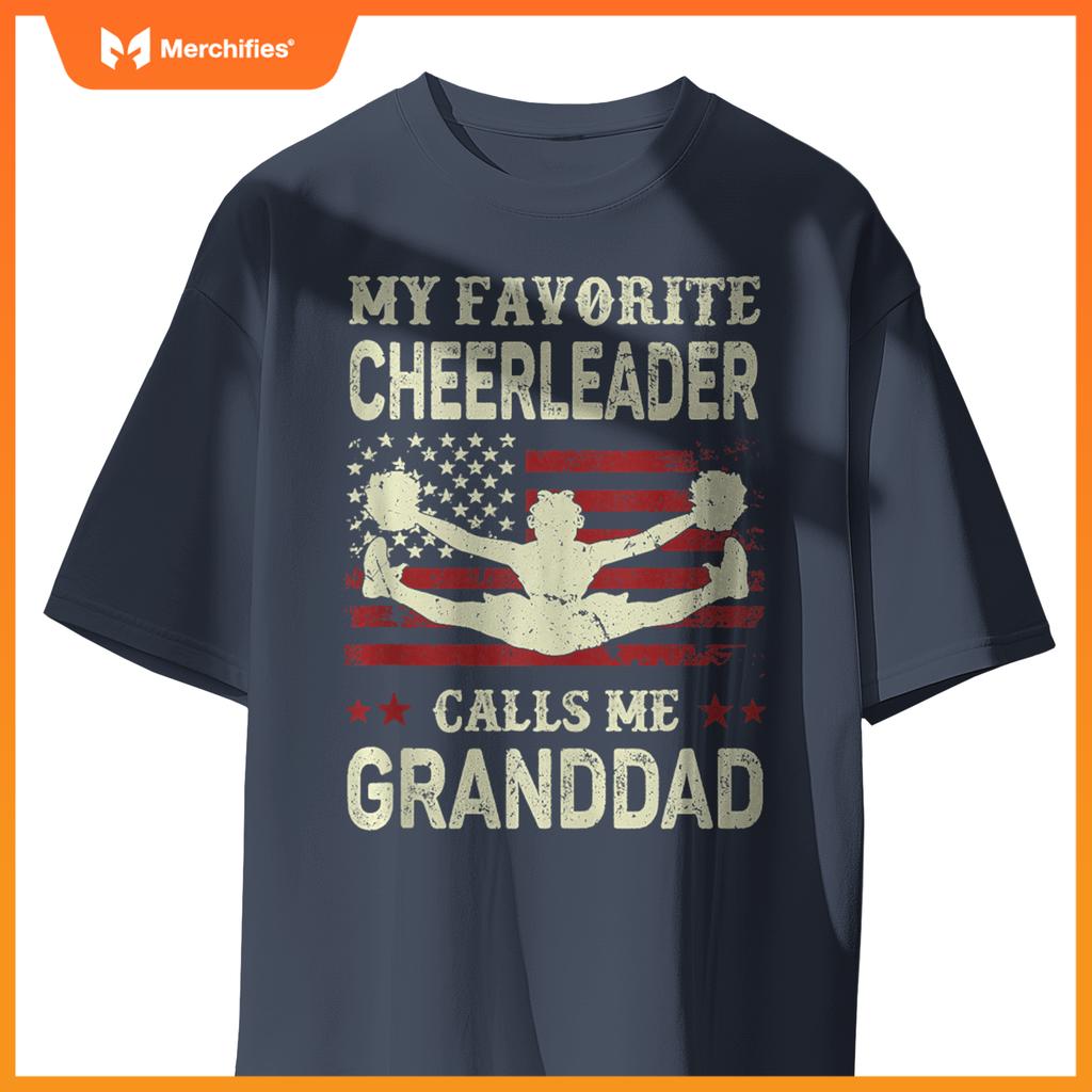 Mens My Favorite Cheerleader Calls Me Granddad US Flag Patriotic T-Shirt