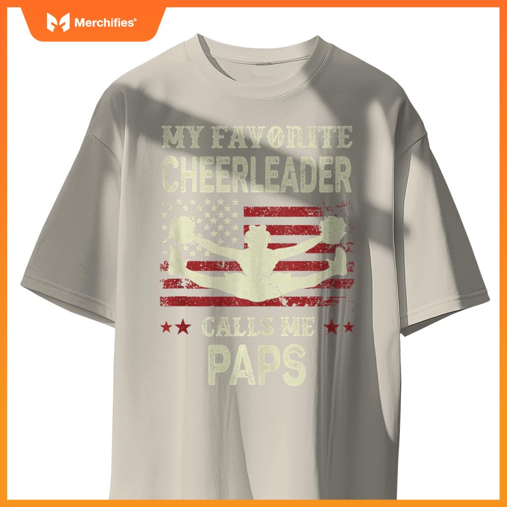 Mens My Favorite Cheerleader Calls Me Paps US Flag Patriotic T-Shirt