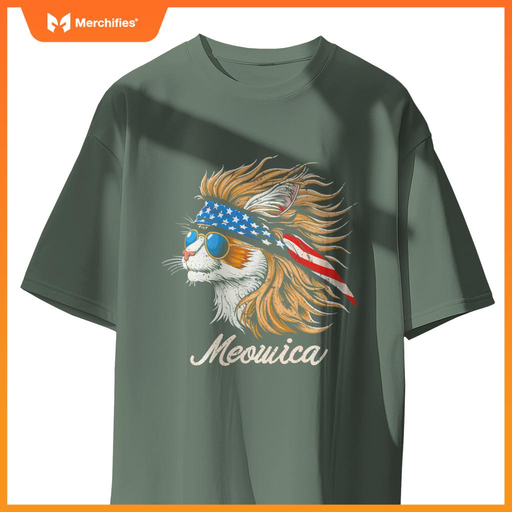 Meowica - Cat Merica Patriotic USA 4th of July American Flag T-Shirt