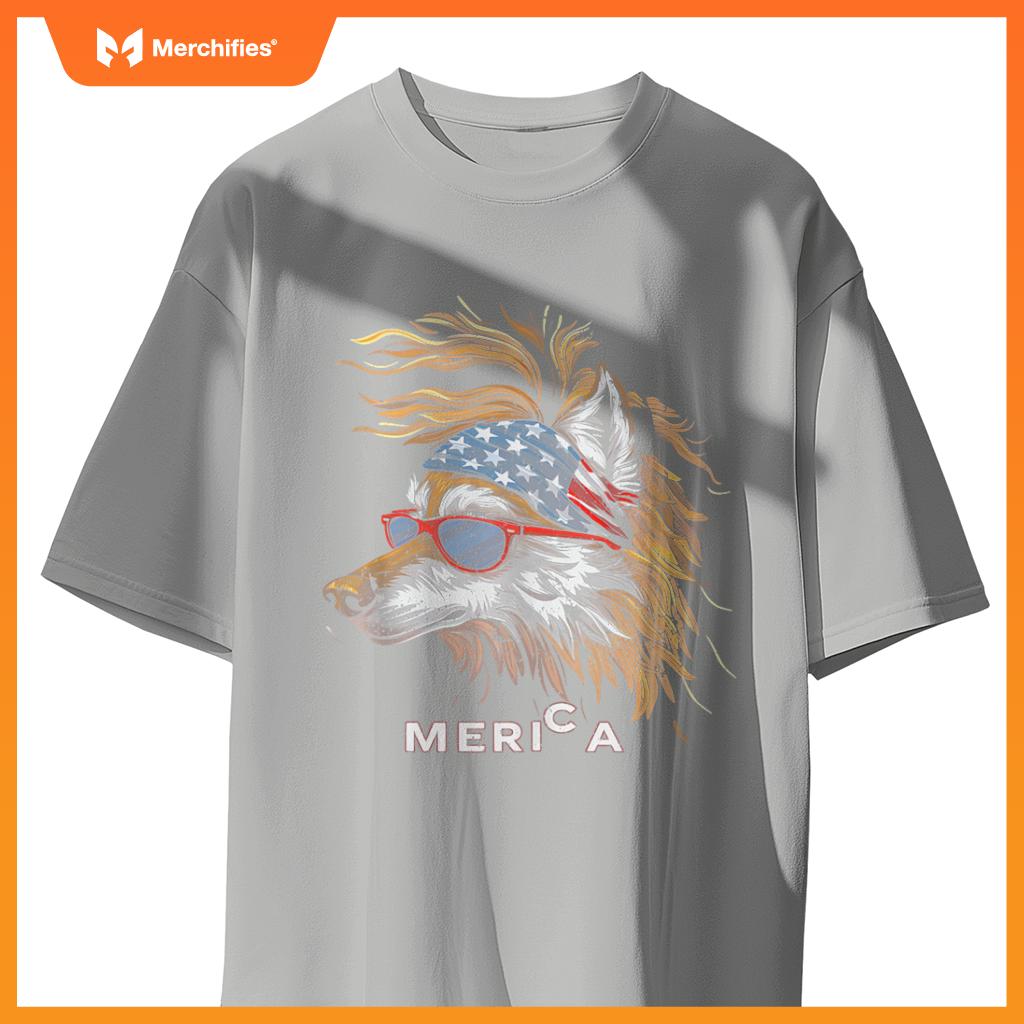 Merica - Wolf Patriotic USA 4th of July American Flag Funny T-Shirt
