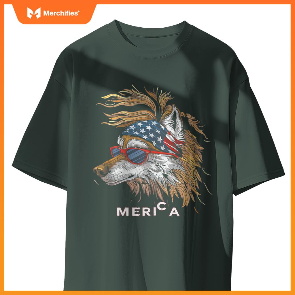 Merica - Wolf Patriotic USA 4th of July American Flag Funny T-Shirt