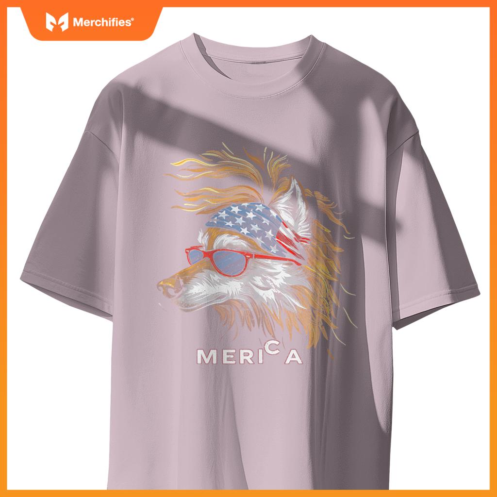 Merica - Wolf Patriotic USA 4th of July American Flag Funny T-Shirt
