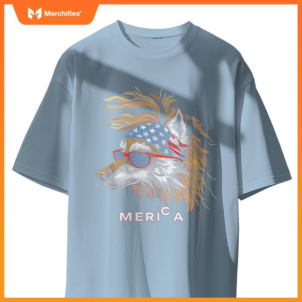 Merica - Wolf Patriotic USA 4th of July American Flag Funny T-Shirt