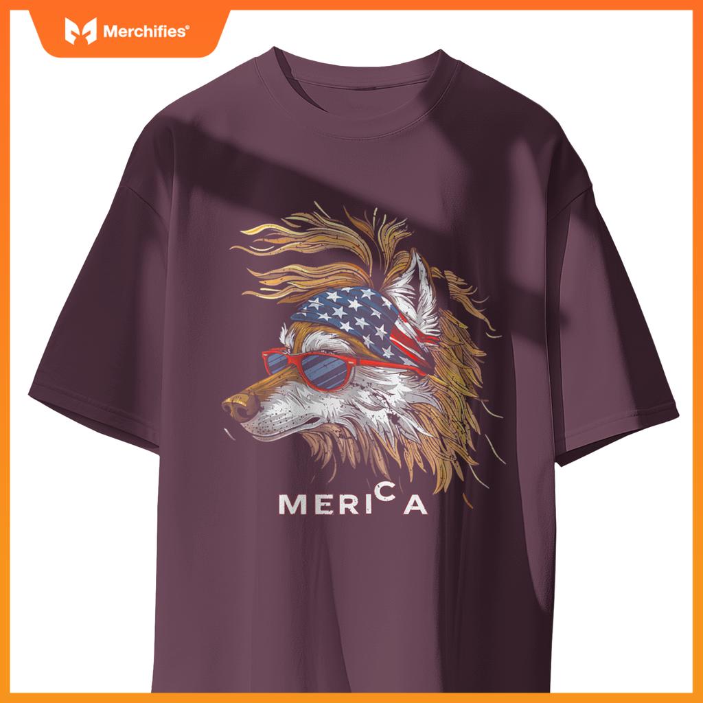 Merica - Wolf Patriotic USA 4th of July American Flag Funny T-Shirt
