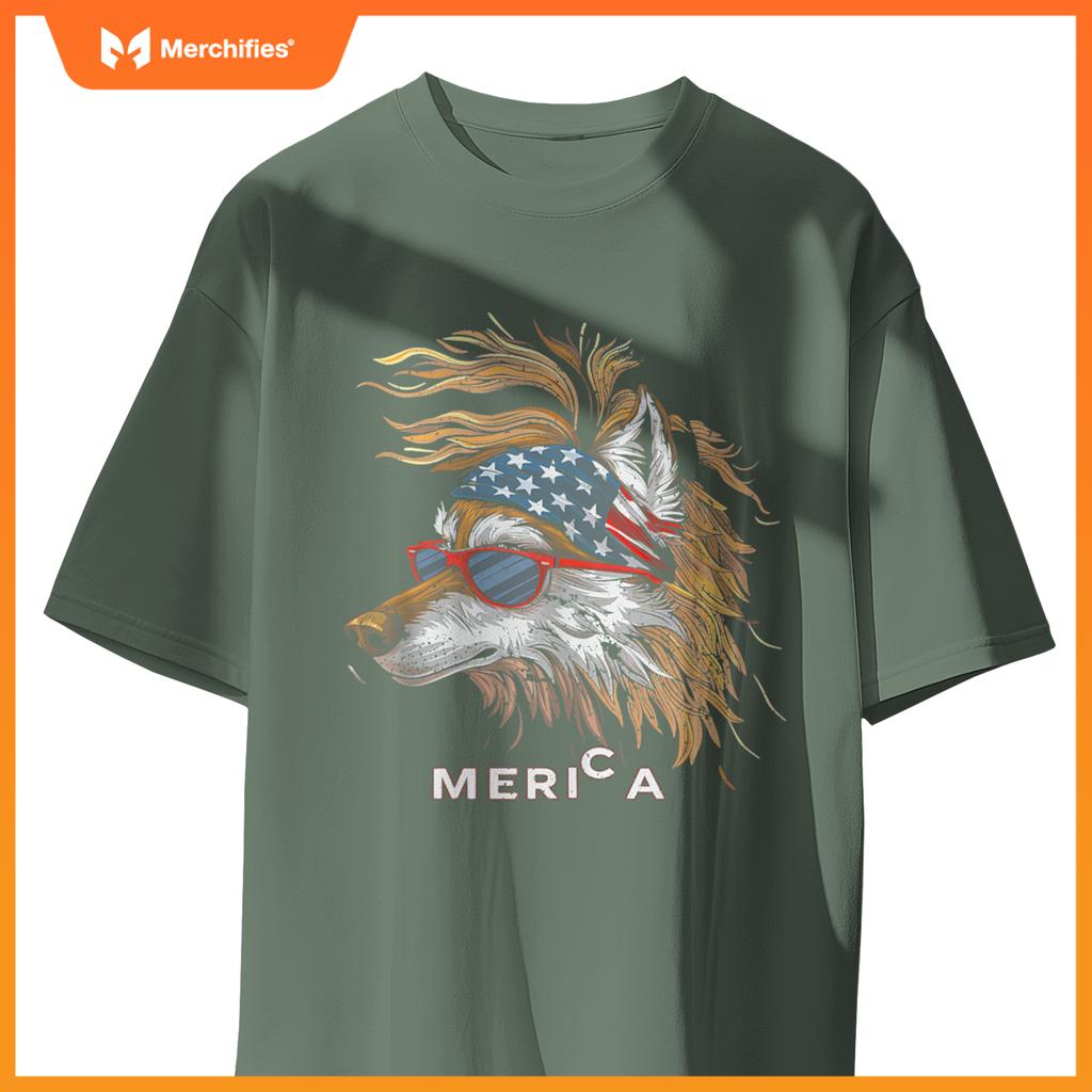 Merica - Wolf Patriotic USA 4th of July American Flag Funny T-Shirt