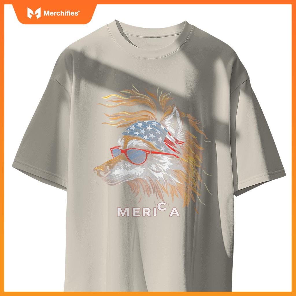Merica - Wolf Patriotic USA 4th of July American Flag Funny T-Shirt