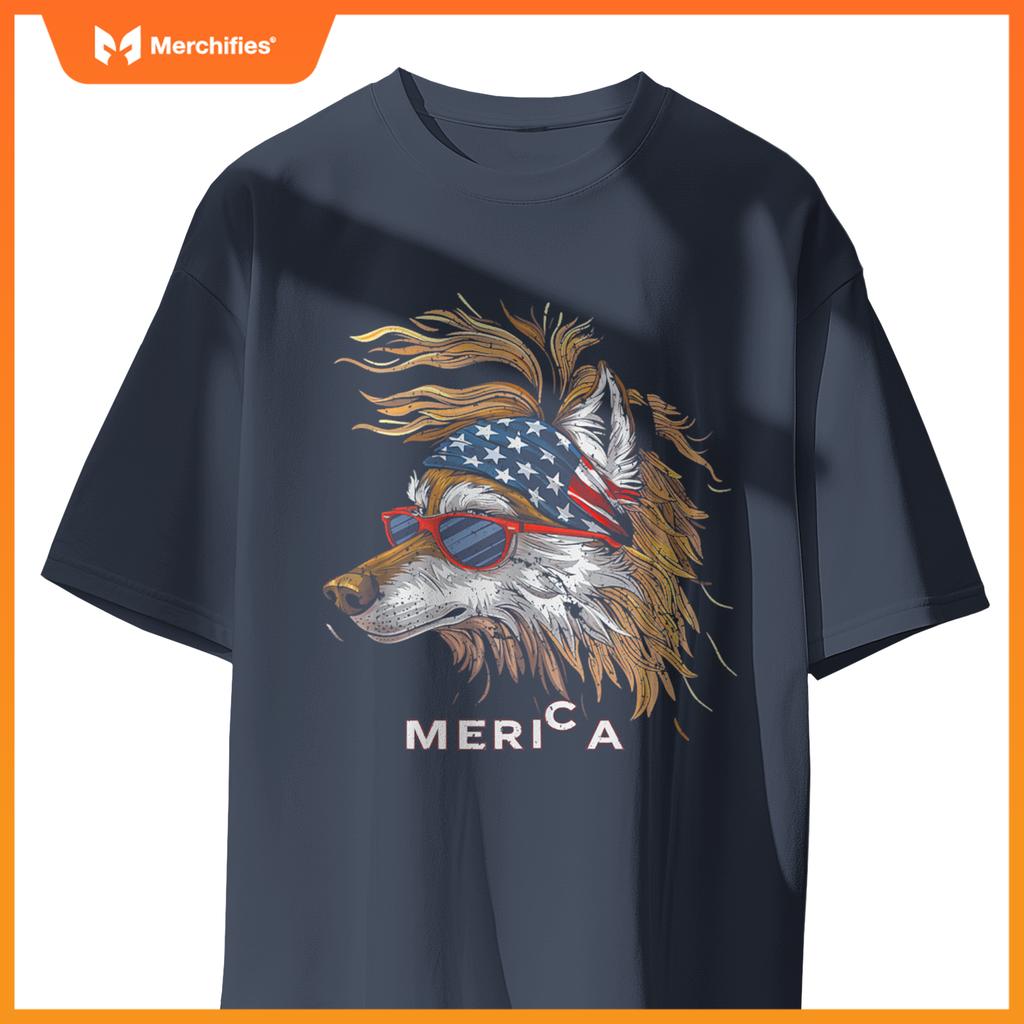 Merica - Wolf Patriotic USA 4th of July American Flag Funny T-Shirt