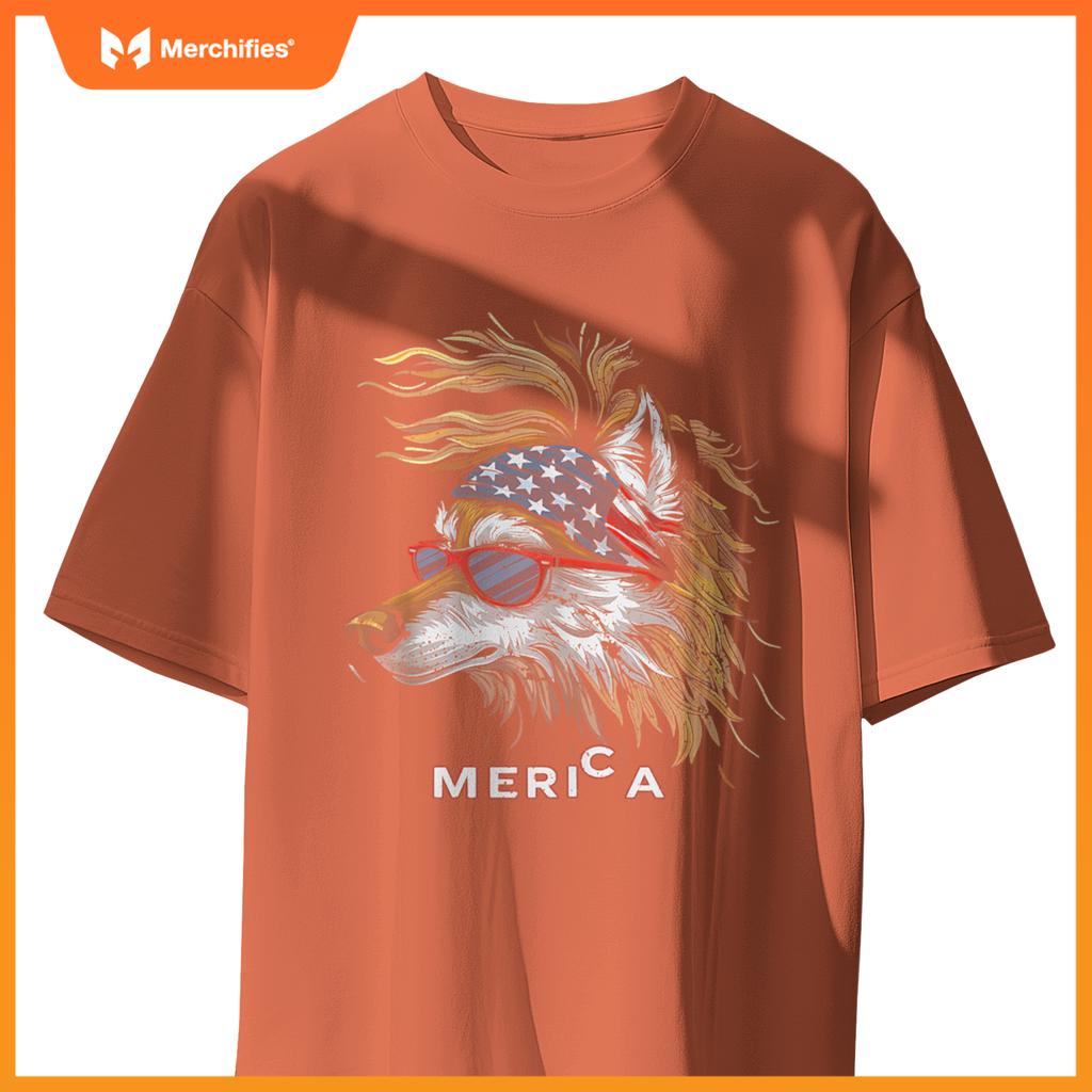 Merica - Wolf Patriotic USA 4th of July American Flag Funny T-Shirt