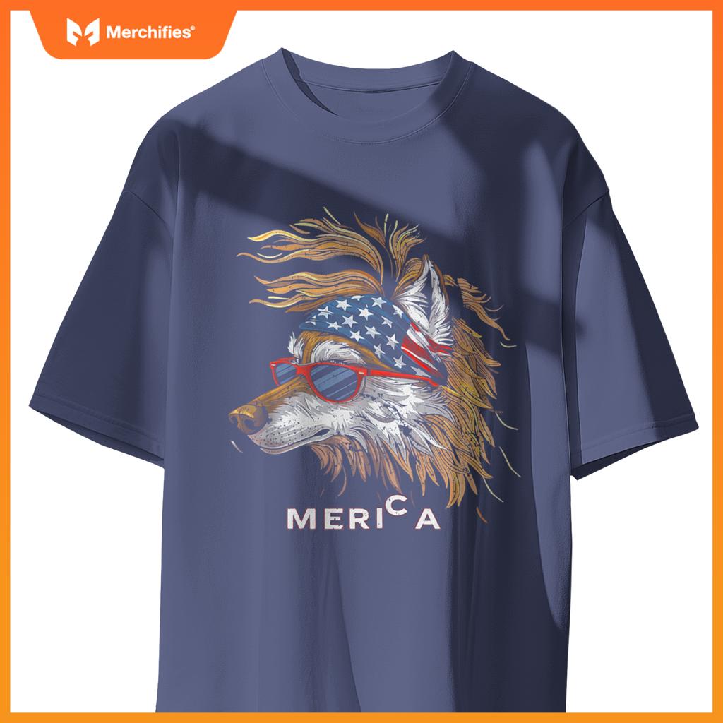 Merica - Wolf Patriotic USA 4th of July American Flag Funny T-Shirt