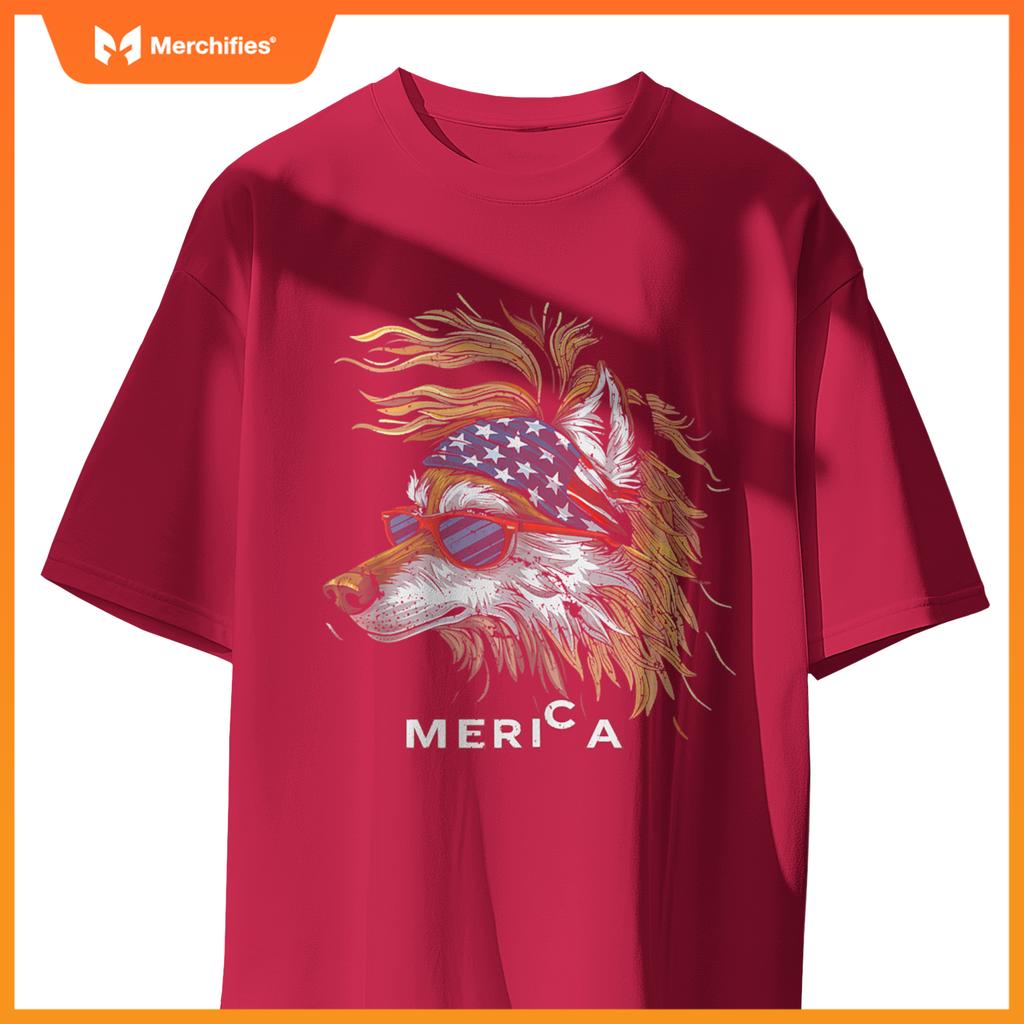 Merica - Wolf Patriotic USA 4th of July American Flag Funny T-Shirt