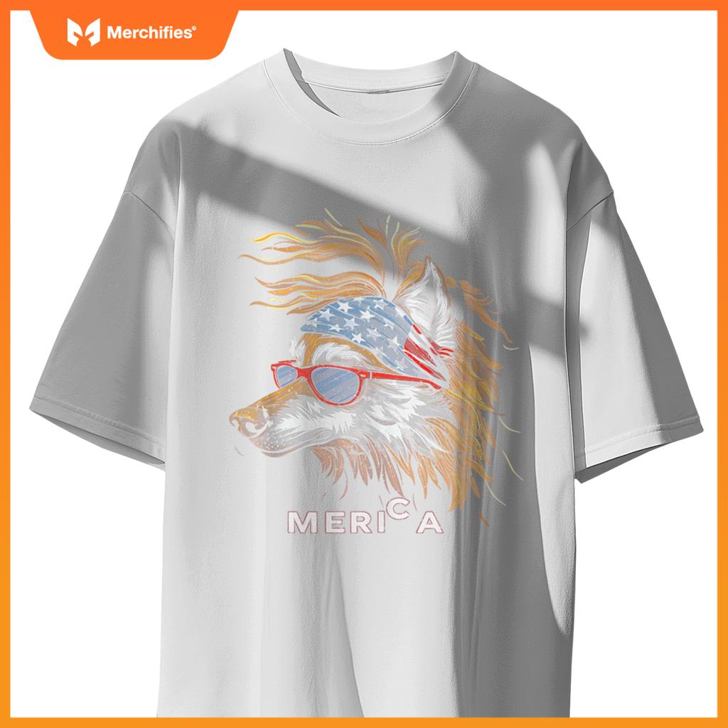 Merica - Wolf Patriotic USA 4th of July American Flag Funny T-Shirt