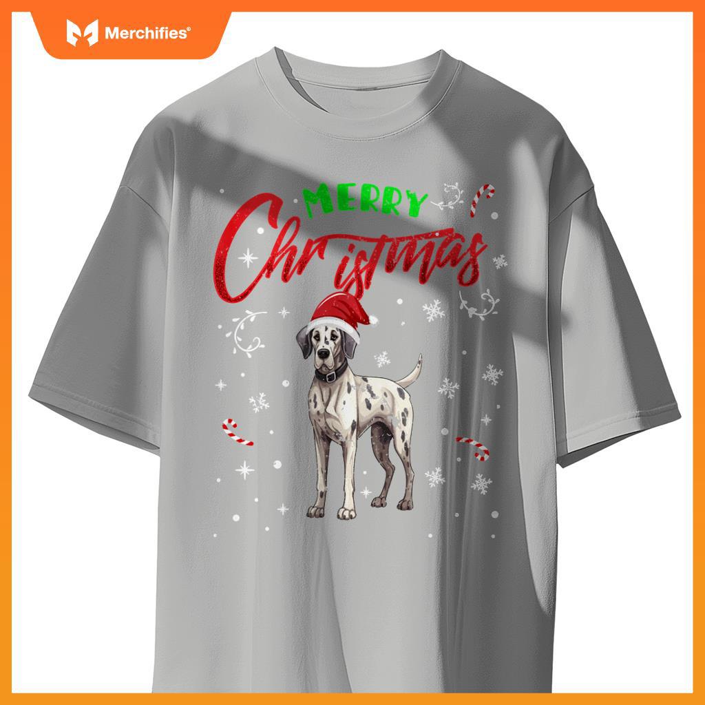 Merry Christmas Great Dane Dog Funny Lights and Santa Hat T-Shirt