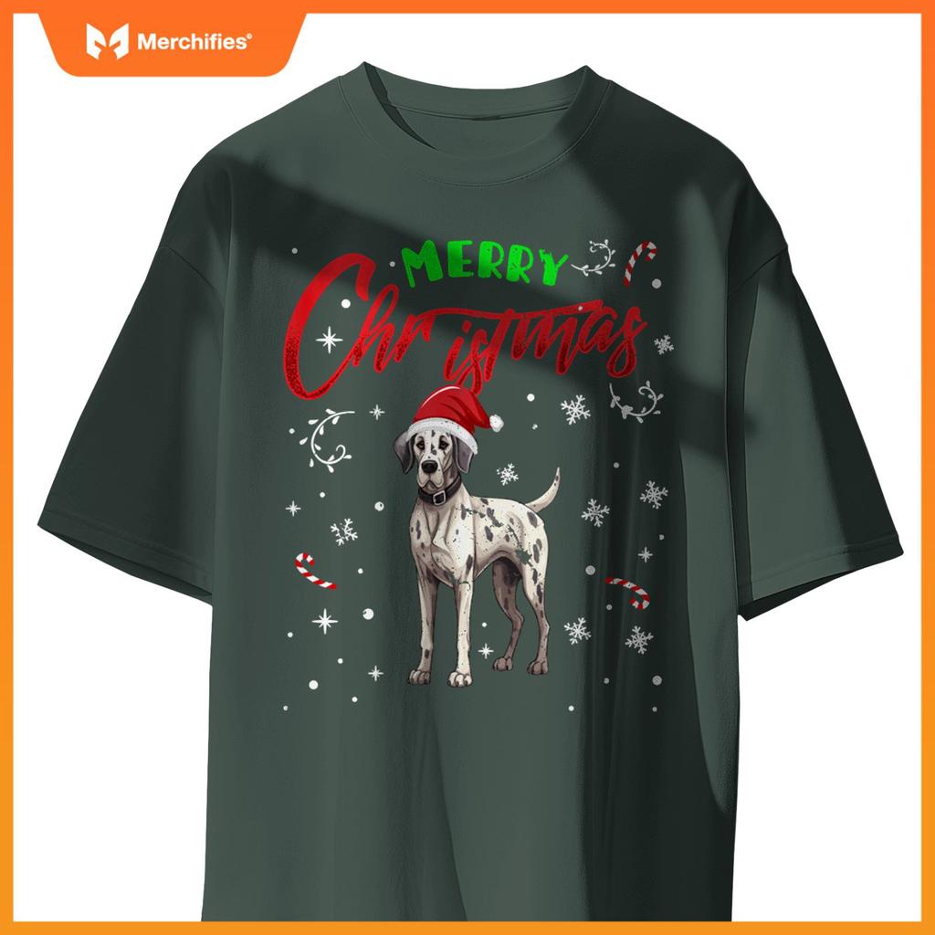 Merry Christmas Great Dane Dog Funny Lights and Santa Hat T-Shirt