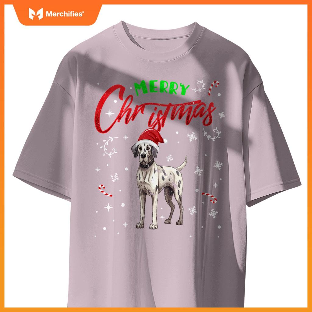 Merry Christmas Great Dane Dog Funny Lights and Santa Hat T-Shirt
