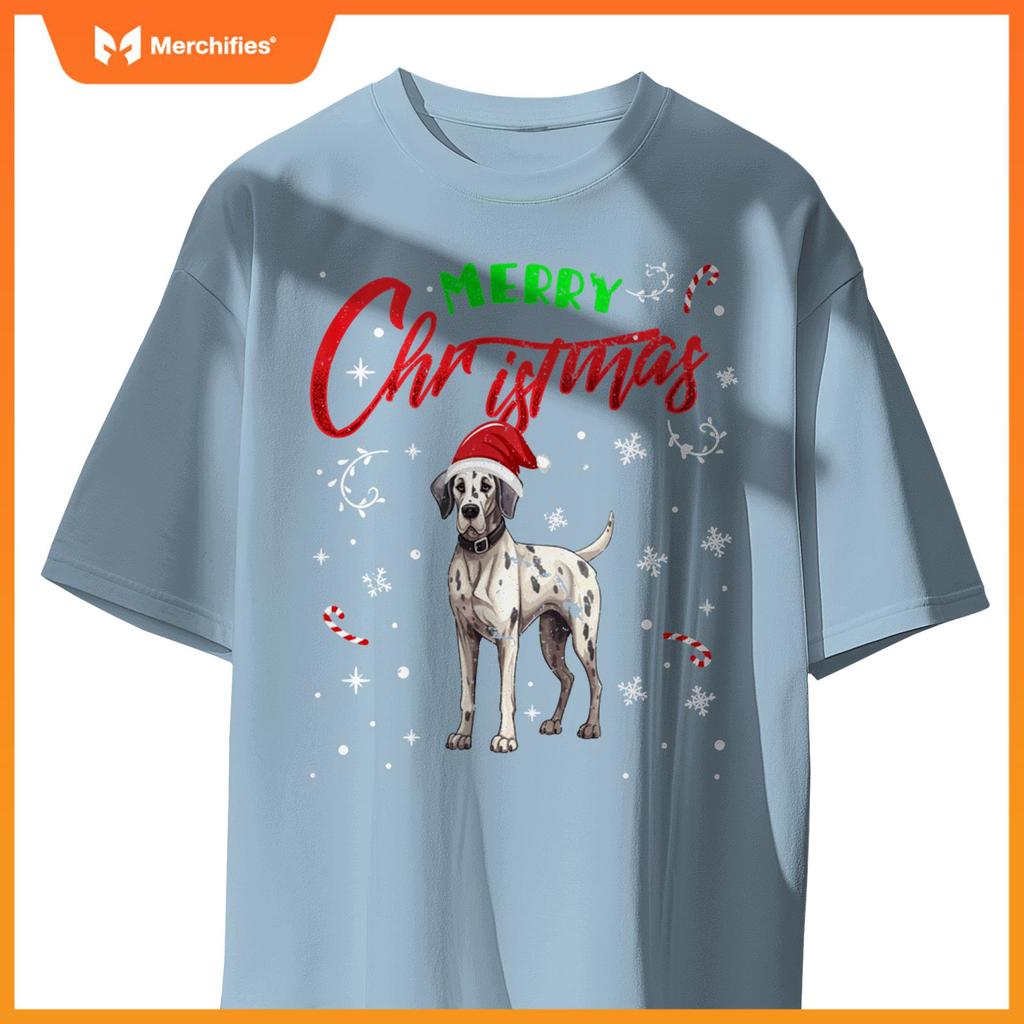 Merry Christmas Great Dane Dog Funny Lights and Santa Hat T-Shirt