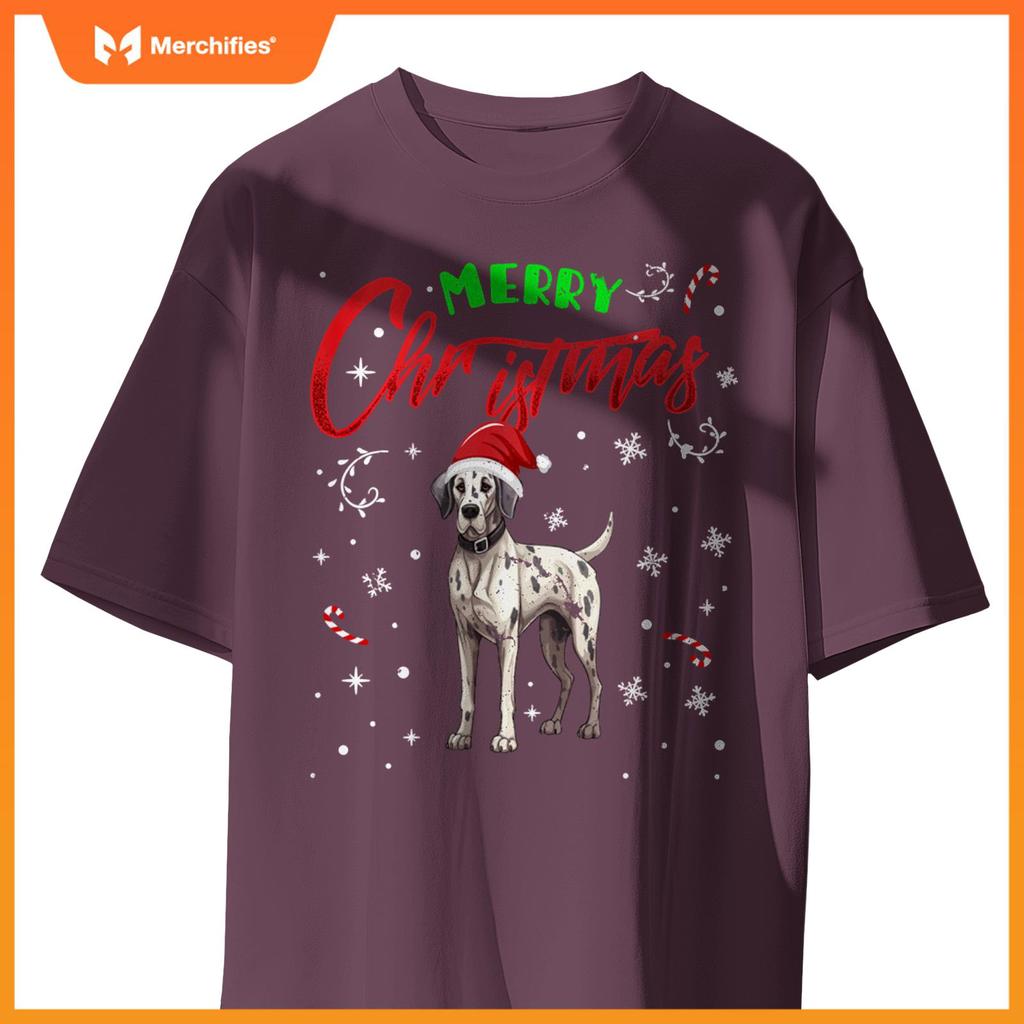 Merry Christmas Great Dane Dog Funny Lights and Santa Hat T-Shirt