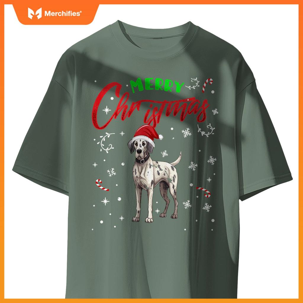 Merry Christmas Great Dane Dog Funny Lights and Santa Hat T-Shirt