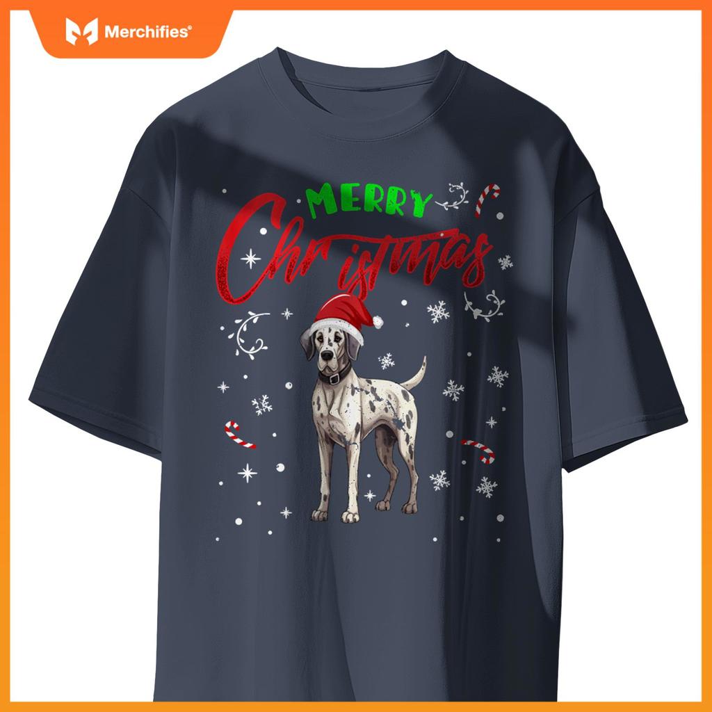 Merry Christmas Great Dane Dog Funny Lights and Santa Hat T-Shirt