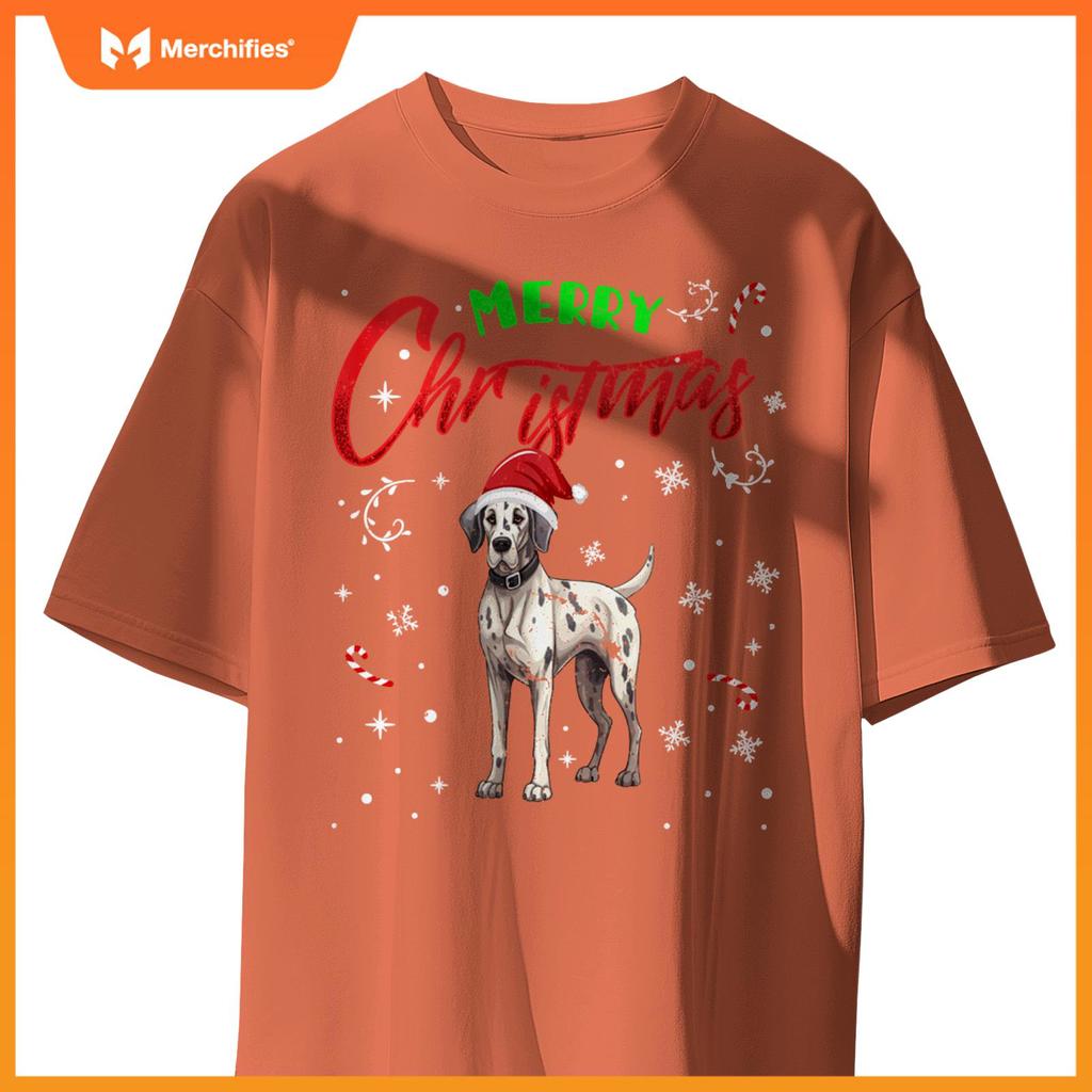 Merry Christmas Great Dane Dog Funny Lights and Santa Hat T-Shirt