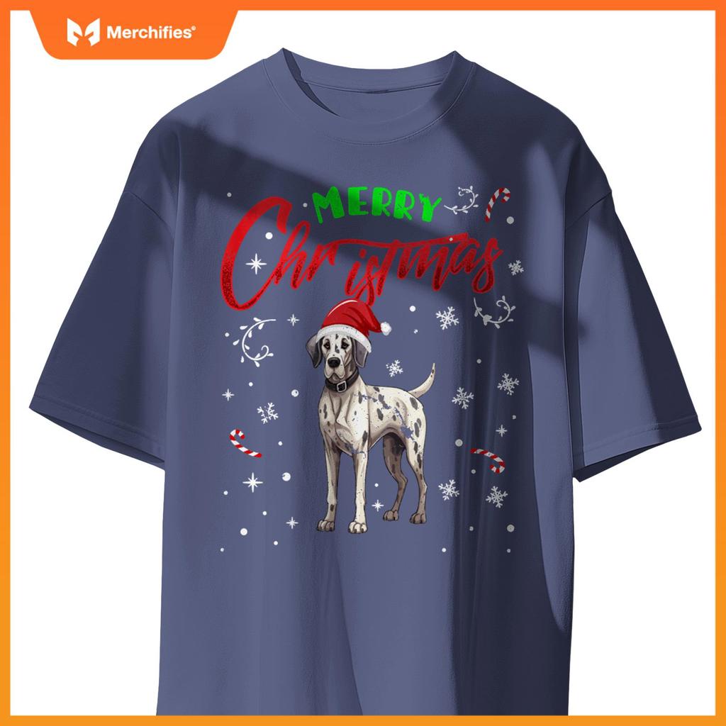 Merry Christmas Great Dane Dog Funny Lights and Santa Hat T-Shirt