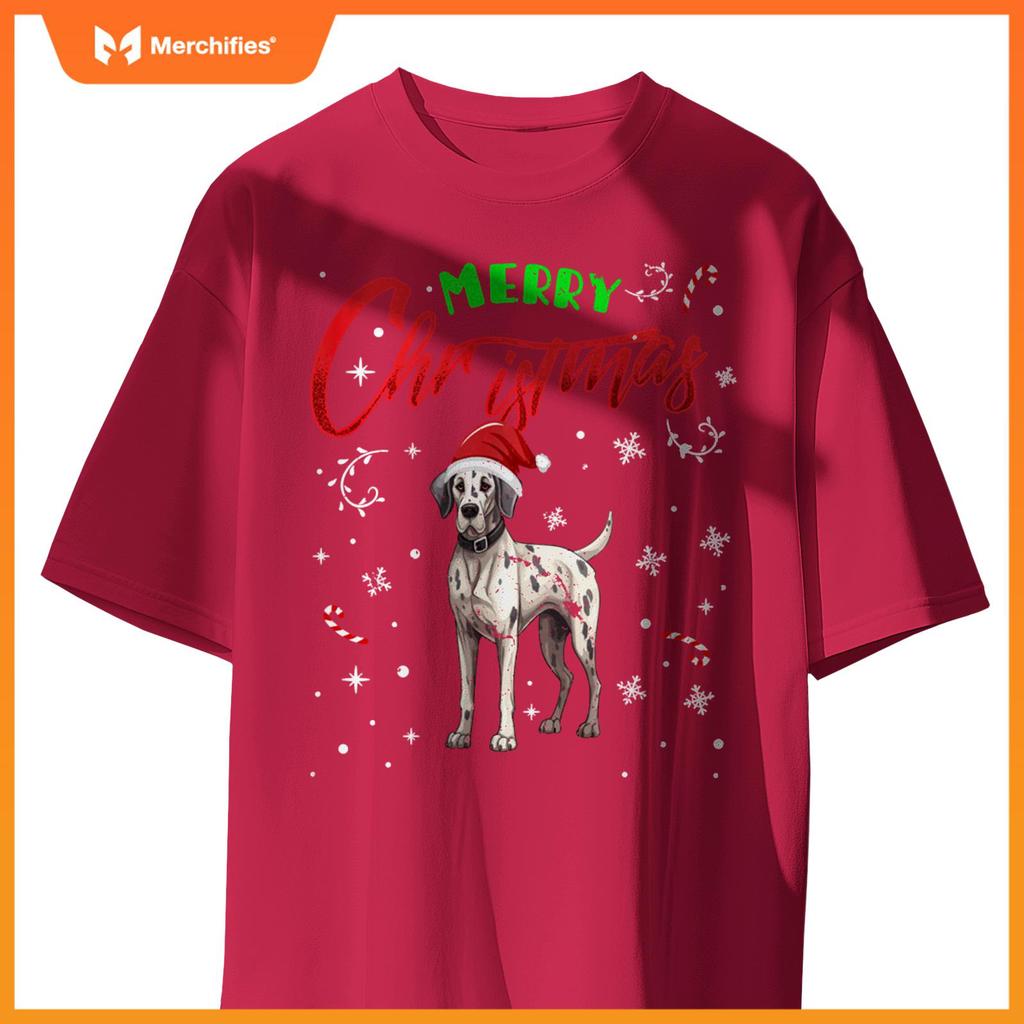 Merry Christmas Great Dane Dog Funny Lights and Santa Hat T-Shirt