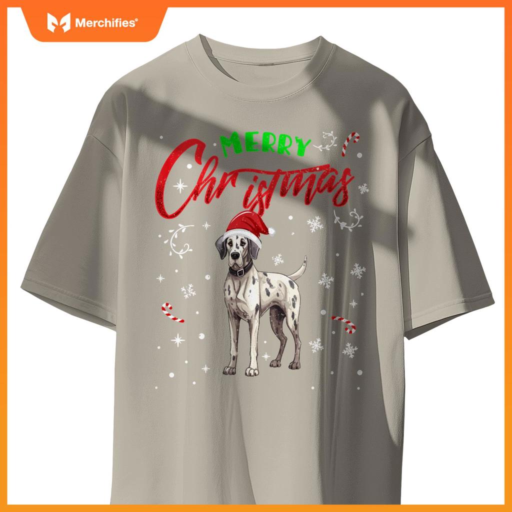 Merry Christmas Great Dane Dog Funny Lights and Santa Hat T-Shirt