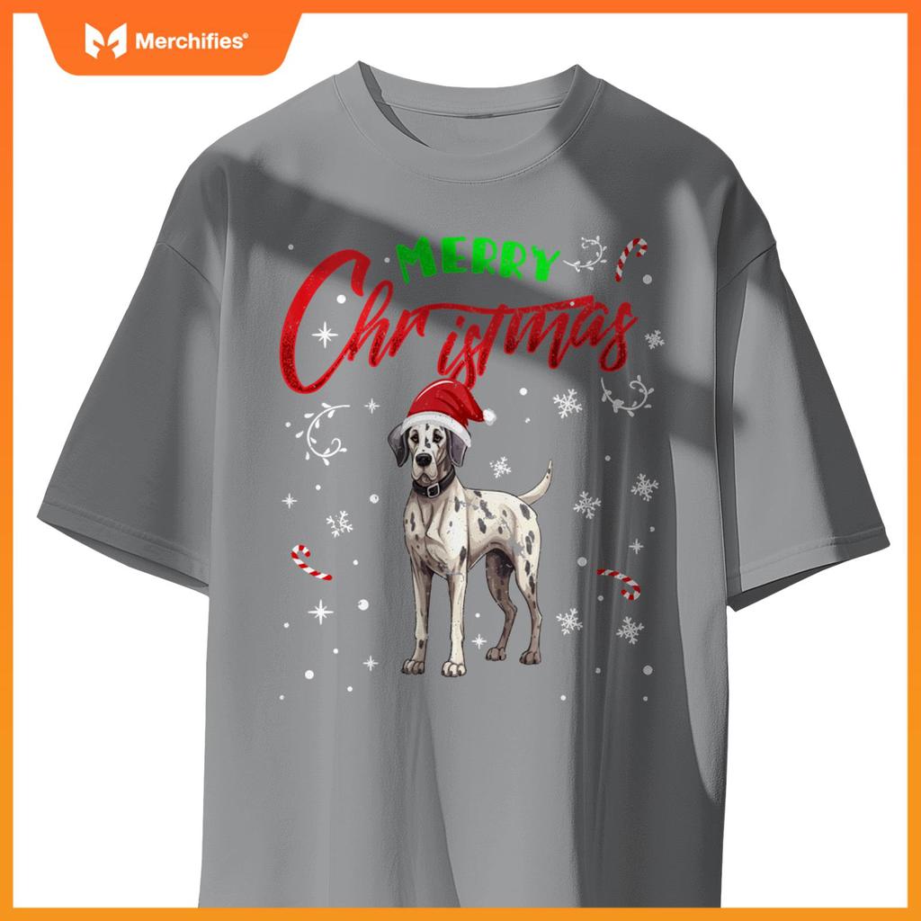 Merry Christmas Great Dane Dog Funny Lights and Santa Hat T-Shirt