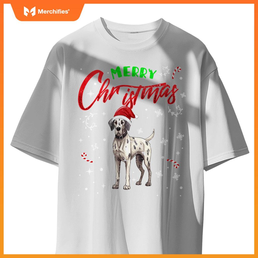 Merry Christmas Great Dane Dog Funny Lights and Santa Hat T-Shirt