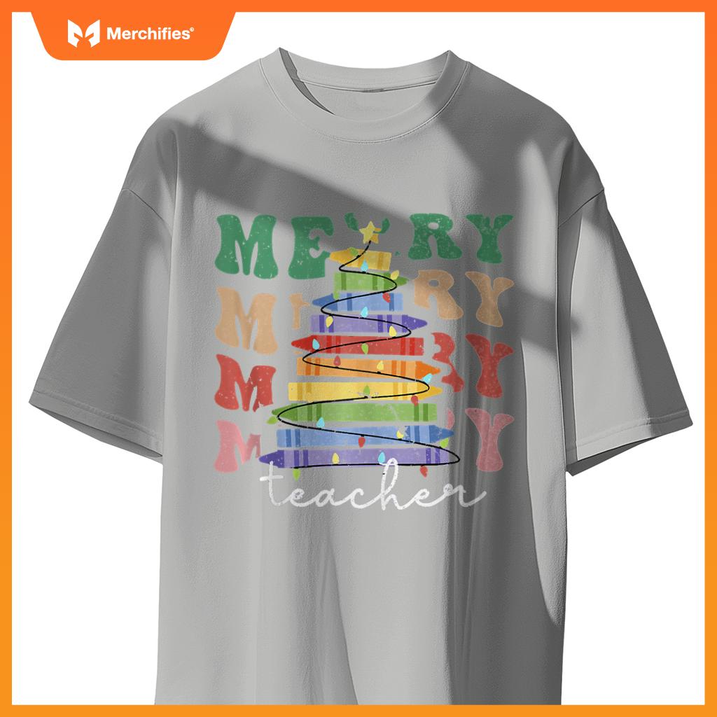 Merry Teacher Christmas Tree Lights Pencils School Xmas