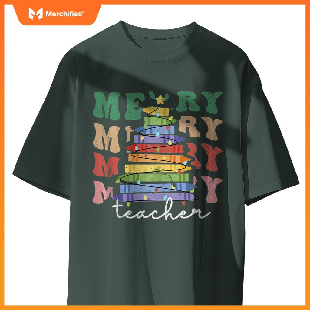 Merry Teacher Christmas Tree Lights Pencils School Xmas