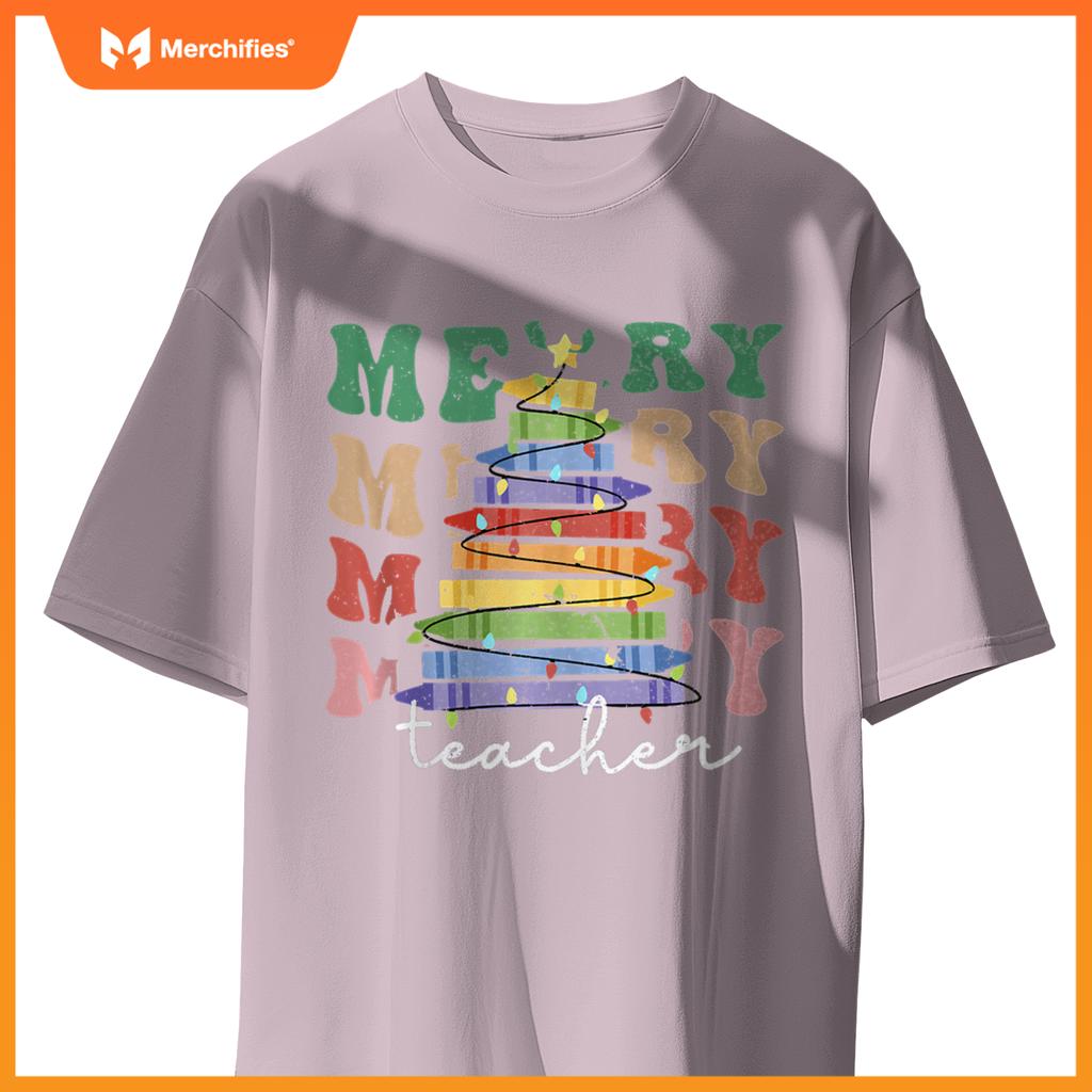 Merry Teacher Christmas Tree Lights Pencils School Xmas